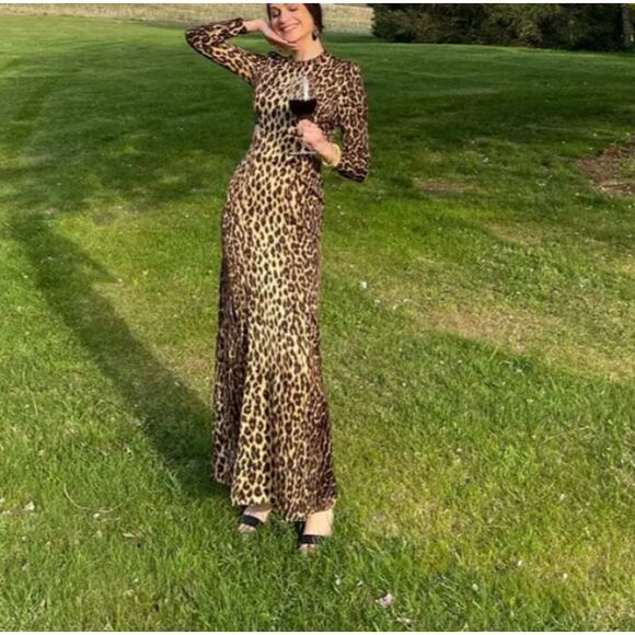 A.L.C. Brown Leopard Long Sleeve Gown Size 4 Silk Maxi Dress Cutout Waist $895 - Picture 11 of 11